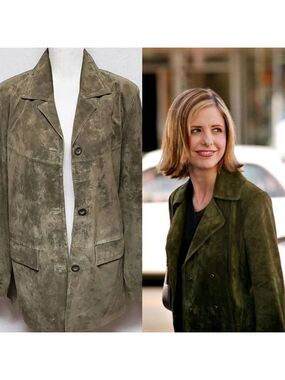 Buffy Vintage 1980s Green Suede Leather Button Up Notched Collar Blazer Jacket